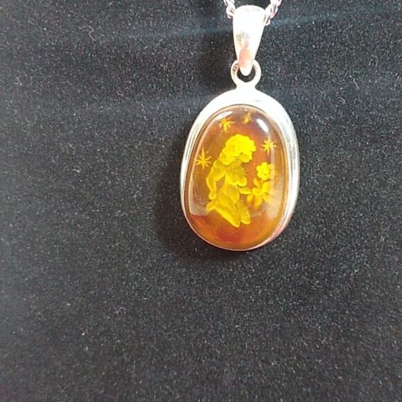 Vintage Carved Amber Sterling Silver Pendant and Chain Cottagecore - Picture 3 of 12